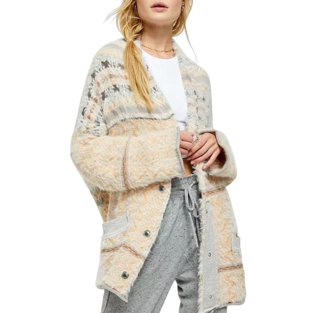 Free People Fair Weather Soft Fuzzy Drapey Stretch Knit Printed Cardigan Sweater